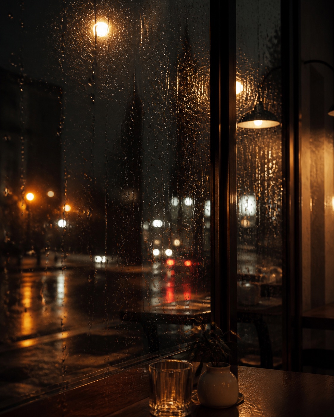 Warm city lights reflected through a rain-covered window at night